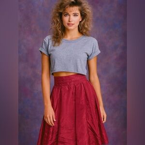 Gunne Sax Taffeta Dark Rose Floral Print, Midi Skirt, Size XS, Vintage